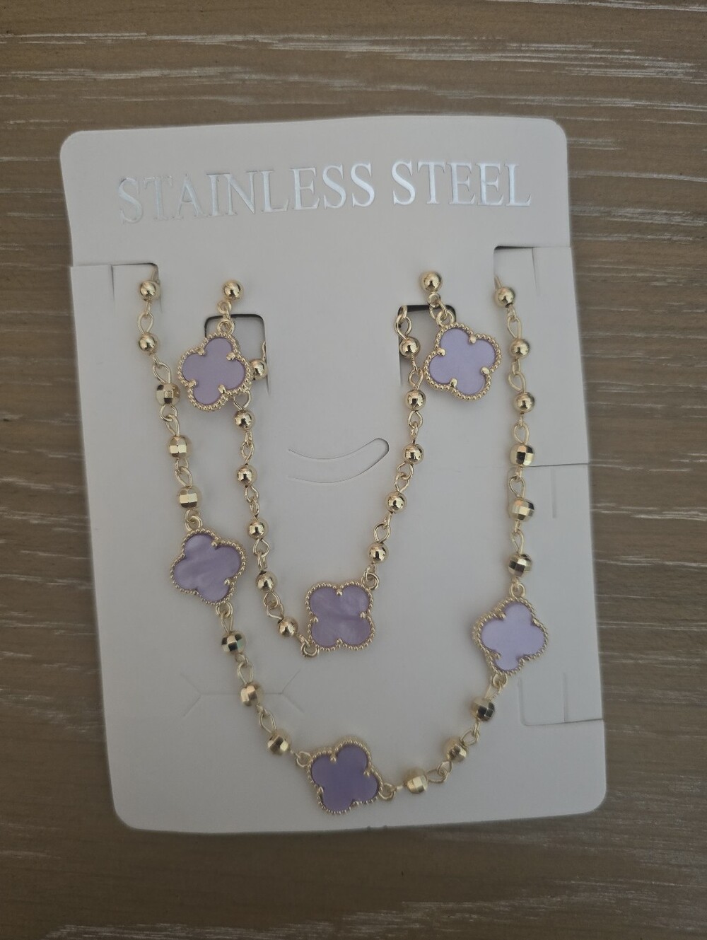 Stainless Steel Gold-Tone Necklace/bracelet Earring Set With Lavender Clover